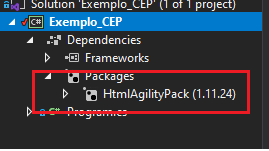 Pacote HTML Agility Pack instalado