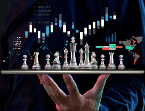 estratégia corporativa: executivo segurando um tabuleiro de xadrez com dados e gráficos