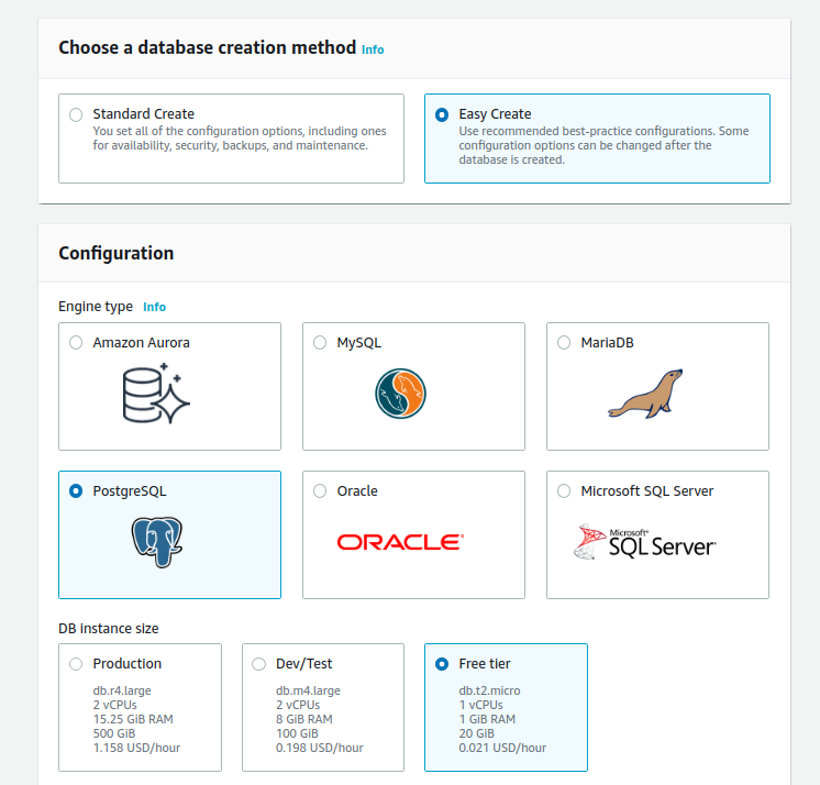 Choose a database creation method