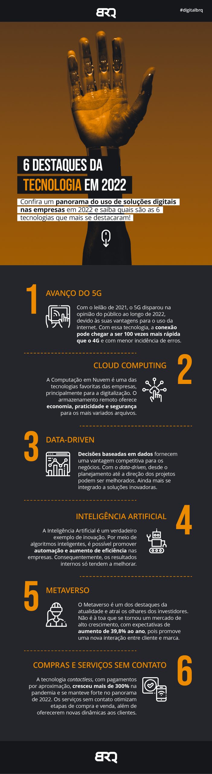 infográfico com informações sobre destaques da tecnologia em 2022 como avanço do 5g, cloud computing, data-driven, inteligência artificial, metaverso e compras e serviços sem contato.