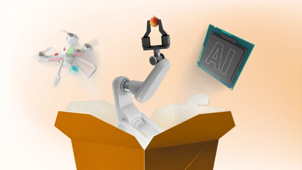 Uma imagem que mostra um braço robótico sainda de uma caixa de comida chinesa, um drone e um chip simbolizando a IA, diversas tendências tecnológicas para o setor alimentício.