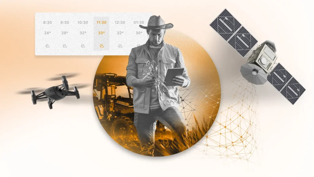 A ilustração mostra um agricultor no campo segurando um tablet e cercado por diversos elementos tecnológicos como drones e satélites, simbolizando o uso da IA no agronegócio.