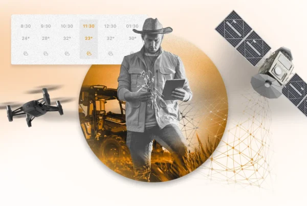 A ilustração mostra um agricultor no campo segurando um tablet e cercado por diversos elementos tecnológicos como drones e satélites, simbolizando o uso da IA no agronegócio.